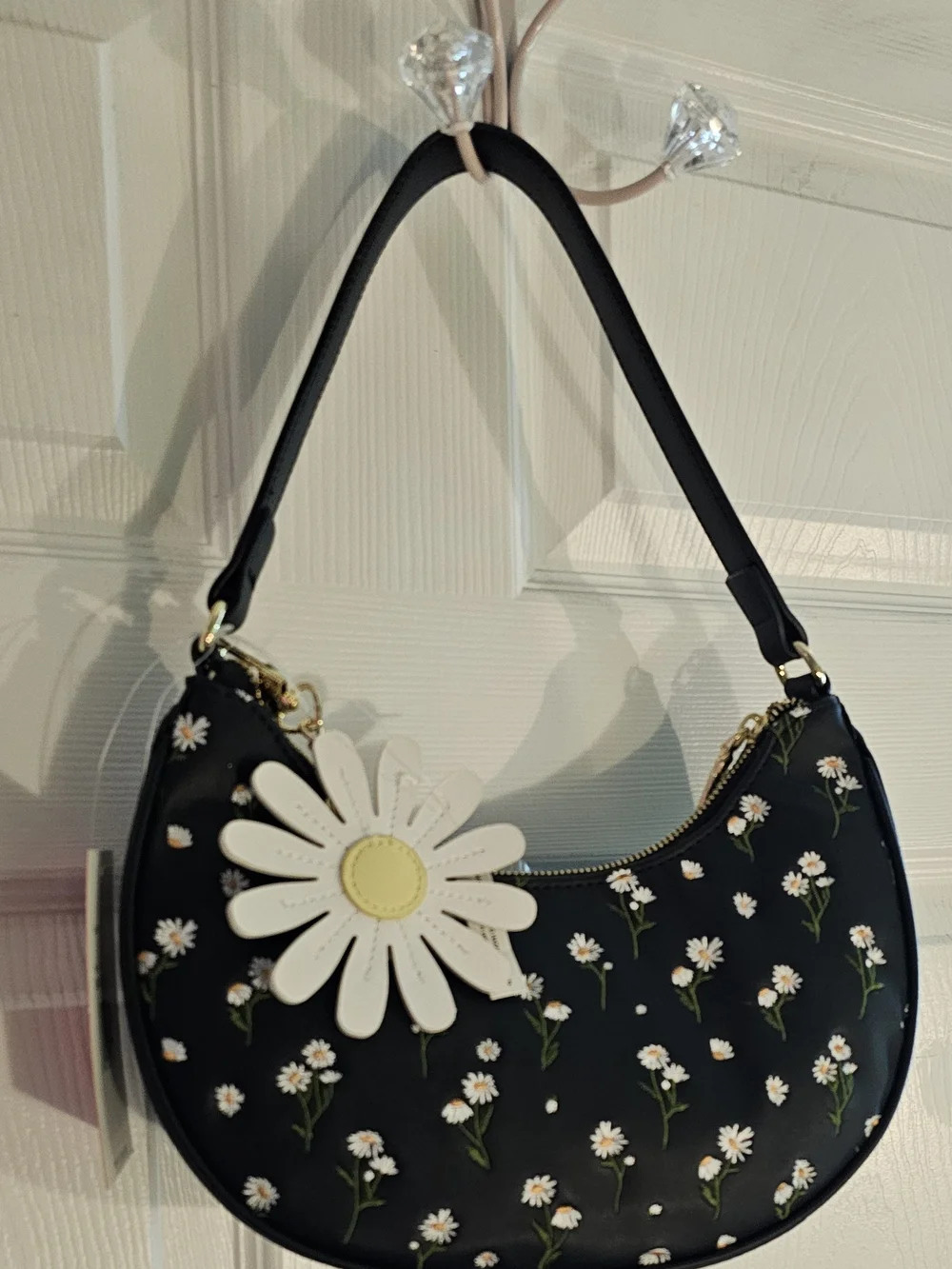 Betsey Johnson Black Daisy Crescent Shoulder Bag with Cream Charm